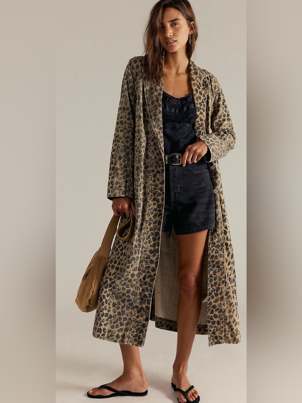 Free People Monique animal leopard print denim duster long cotton coat XS